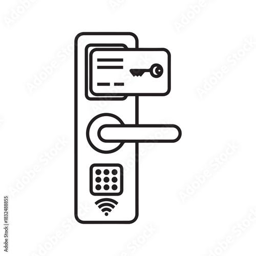 Smart Door Lock with Key Card Access Line Icon. Electronic Hotel Room Entry System Vector. Wireless Security Technology Symbol.
