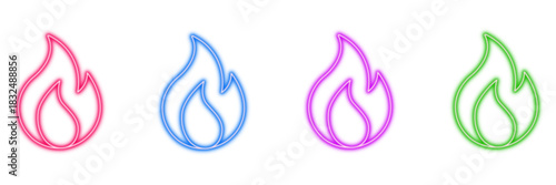 Neon glowing fire flame vector icons set, heat, energy, burning, warning, vibrant colorful digital design illustration on transparent background.

