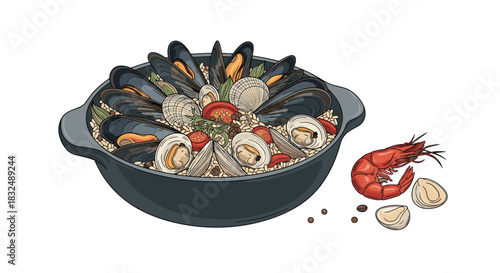 Spanish paella with seafood like mussels and clams in a pan, with a shrimp on the side, in a colored hand-drawn style.