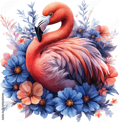 A beautiful pink flamingo with a long neck and exotic feathers stands in the tropical lake water, showcasing the graceful wildlife and natural beauty of this wild animal