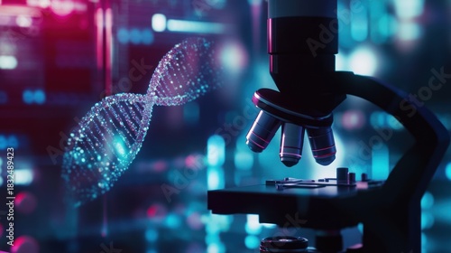 exploring genetic frontiers: a microscope analyzing illuminated dna strand in a high tech laboratory setting, unveiling cellular mysteries