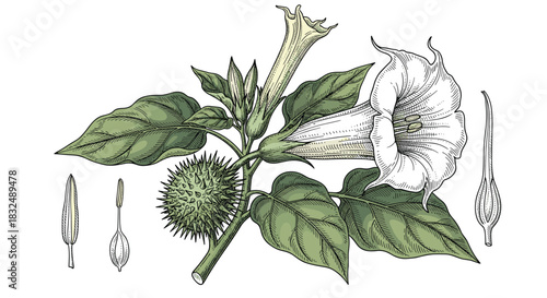 Detailed botanical illustration of a poisonous datura stramonium plant, showing its flower, spiky fruit, and dissected floral parts.