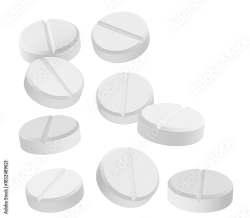 realistic illustration of multiple white round tablets or pills scattered randomly against a solid transparent background for medical concepts.