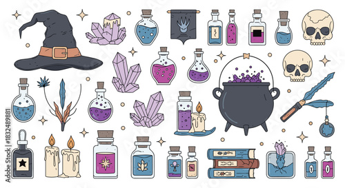 Collection of magical and witchy items, including potions, crystals, a cauldron, and a witch hat, in a cute cartoon style.