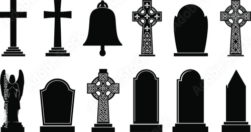 “Detailed cemetery monument and memorial silhouette vector set featuring crosses, tombstones, angel statue, funeral bell designs for solemn remembrance and funeral illustration themes”