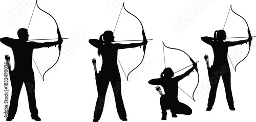 “Dynamic collection of archery silhouettes featuring standing and kneeling bow shooters, detailed vector illustration set for sports themes, training concepts, and professional archers”
