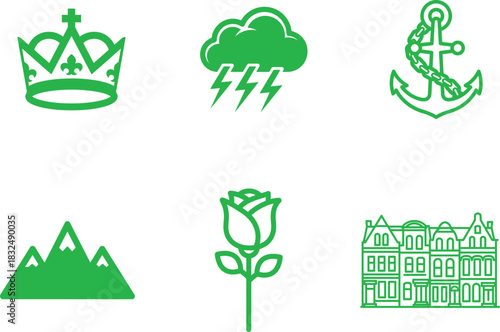 Assorted green icons including a crown storm cloud with lightning anchor mountain range rose flower and building faade represent different symbols and concepts
