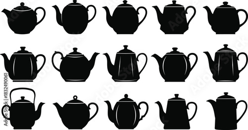 “Elegant teapot silhouette collection featuring diverse classic and vintage kettle shapes, perfect for tea-themed vector designs, kitchen decor artwork, and antique illustration projects”