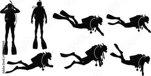 “Dynamic scuba diver silhouette collection showing swimming and underwater exploration poses, detailed vector illustration set for marine adventure, diving sports, and ocean-themed designs”