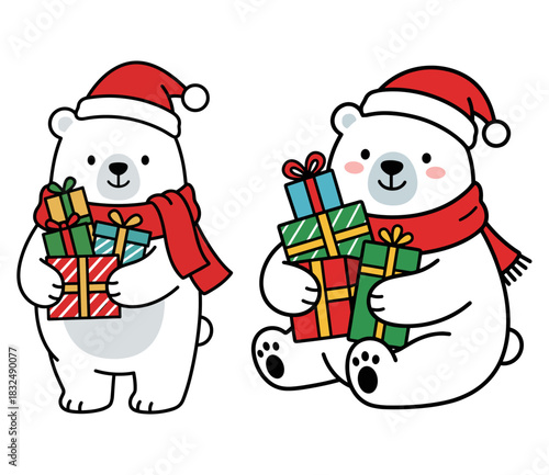 Two Adorable Christmas Polar Bears Holding Presents Illustration