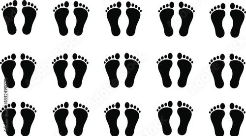 “Seamless repeating footprint silhouette pattern featuring minimal black foot icons, clean vector illustration design for backgrounds, branding, education materials, print templates, and digital 
