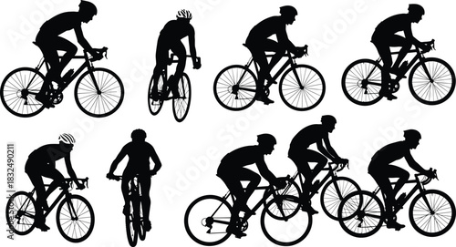 Dynamic cyclist silhouette collection featuring diverse riding postures, professional road biking movements and active outdoor sports energy, ideal for modern vector illustration projects