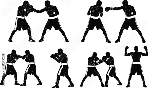 Dynamic boxing silhouette vector set featuring fighters in multiple action poses, punches, defensive stances, and victory gestures, ideal for sports illustration and athletic design projects