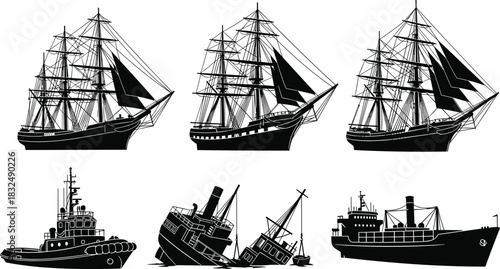 Detailed ship silhouette collection featuring vintage sailing vessels, tugboats, cargo ships, and wrecked boats, ideal for maritime vector illustration projects, nautical design themes, 