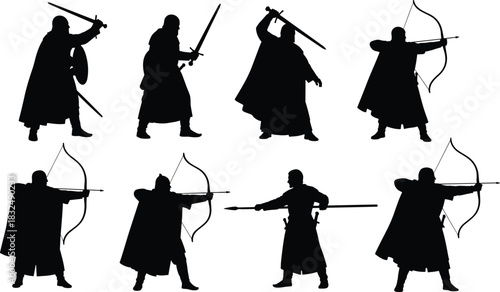 Dynamic medieval warrior silhouette collection featuring archers and swordsmen in battle poses, ideal for epic fantasy vector illustration projects, historical artwork, and SEO-focused design themes