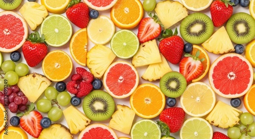A vibrant fruit platter with a mix of colorful fruits including strawberries, kiwi, grapefruit, and pineapple, arranged on a white background.