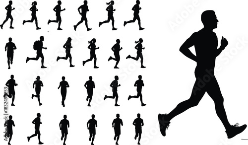 Dynamic running silhouettes collection featuring diverse athletic poses, jogging movements, marathon training concepts, active lifestyle icons, fitness vector elements, 