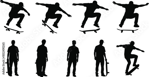 Dynamic skateboarder silhouette collection featuring street tricks, action poses, and standing figures, ideal for modern urban sports vector illustration, branding, and high-impact design projects