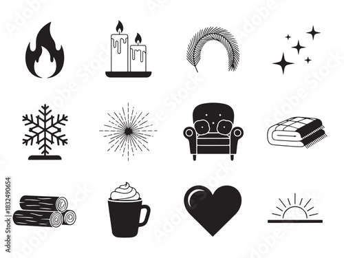 Winter Glow silhouette set: flickering flame, candle set, pine garland, sparkles, snowflake reflection, light rays, warm chair, wool blanket, firewood, cocoa cup, heart, glow lines