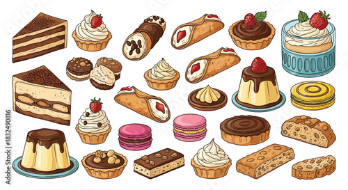 Set of classic Italian desserts including tiramisu, cannoli, panna cotta, and macarons, illustrated in a delicious, colorful style.