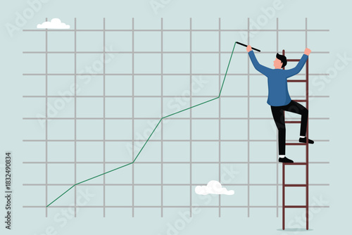 Stock price growth, asset prices soaring or rising, bullish stock market or economic recovery concept, traders or businessmen climbing the ladder to draw a rising green investment line chart.
