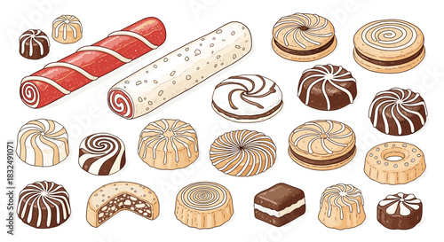 Collection of various cookies and sweets, including marshmallow treats and fruit rolls, in a colorful and appetizing hand-drawn style.
