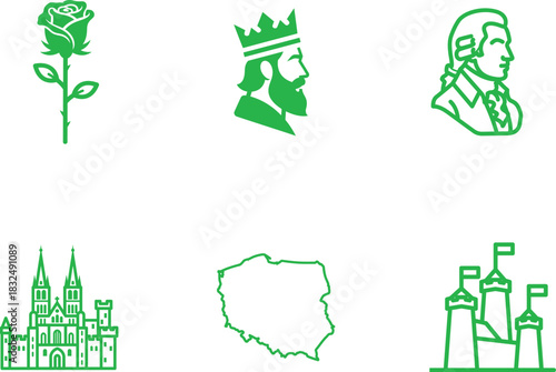 Collection of Illustrated Green Polish Historical and Cultural Symbols Including Rose King Mozart and Polish Map in a Clean and Modern Design