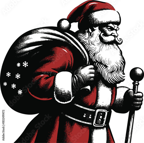 Grumpy Santa Claus with Sack and Staff