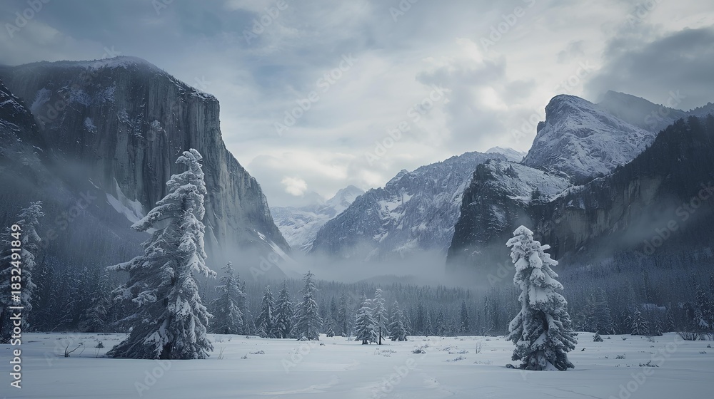 Obraz premium Winter Wonderland Snow-Covered Yosemite Valley Peaks and Foggy Atmosphere