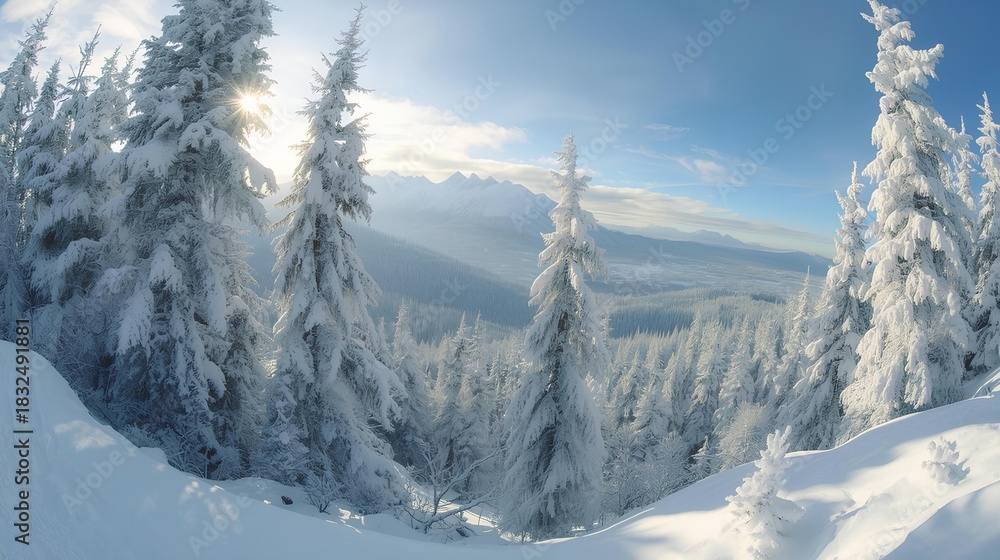 Fototapeta premium Winter Wonderland Snow-covered Trees in a Serene Landscape of Winter in the Mountains
