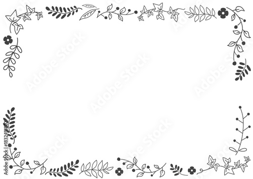 手描きモノクロ　ナチュラルな植物が並んだシンプルフレーム