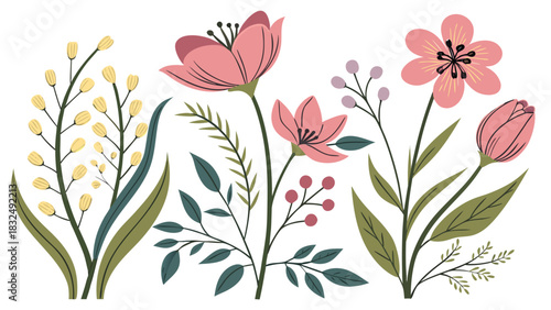 Illustration of various pink flowers and yellow buds with green leaves on white background art design