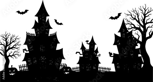 set of spooky haunted house silhouetted against a white background halloween themed in white backraund