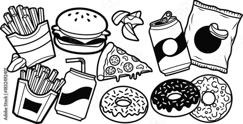 Fast food silhouettes, snack icons, burger, fries, pizza, donut, soda, chips, black vector set, junk food illustration