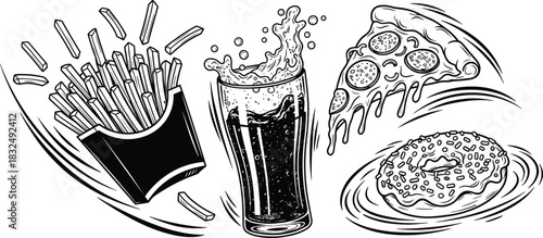 Fast food sketch, fries, soda, pizza, donut icons, black vector illustration, snack silhouette, junk food, energetic style