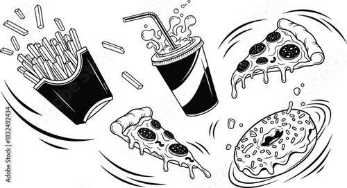 Fast food swirl illustration, fries, soda, pizza, donut icons, black vector set, snack motion, junk food silhouette