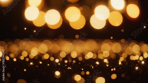 Golden Bokeh Lights on Moody Dark Background. Magical Ethereal Dreamy Particle Animation. Warm Inviting Depth and Glow Effect.