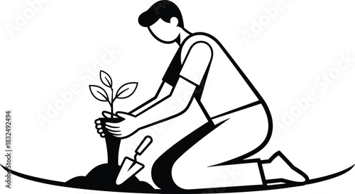 Gardening silhouette illustration, person planting sapling, black and white nature care art, environmental awareness, sustainability concept design