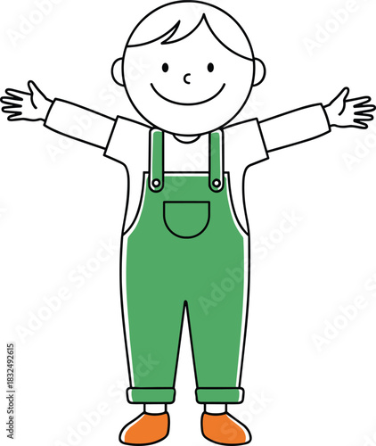 Happy cartoon child, arms outstretched, green overalls outfit, playful pose, educational illustration, smiling character, minimal style, kids drawing