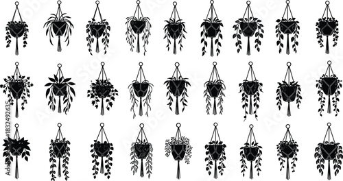Hanging plant silhouette collection, black icons, botanical decor, macramé pots, foliage variety, indoor gardening, minimalist nature design
