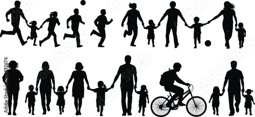 Family, silhouette, bonding, walking, running, playing, cycling, togetherness, outdoor, activity, parent, child, lifestyle, motion, health, love, connection, exercise, minimal, black