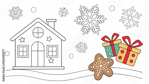 Outline drawing of a house with snowflakes, gifts, and a gingerbread star for coloring book page