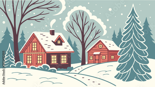 Illustration of two cozy houses in a snowy landscape with trees and falling snowflakes in winter time