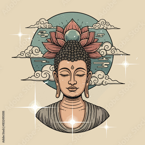 Buddha Enlightenment A serene illustration of Buddha with a lotus flower
