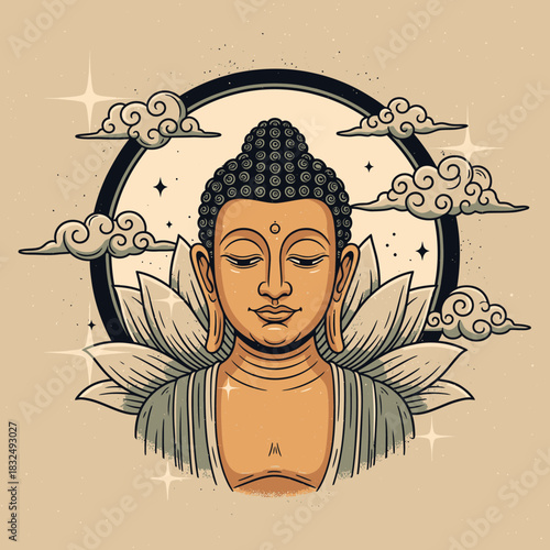 Serene Buddha Enlightenment with Lotus Flower and Celestial Clouds Illustration