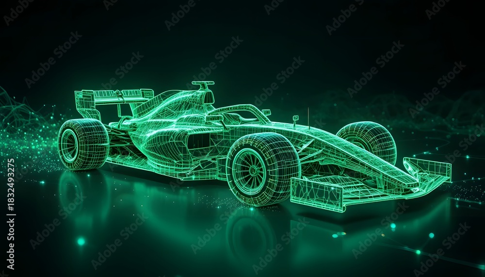 Naklejka premium Green Hybrid Energy F1 Car in Glowing Neon Polygon Mesh