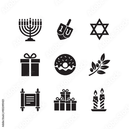Hanukkah Holiday Icons Set in Black Silhouette