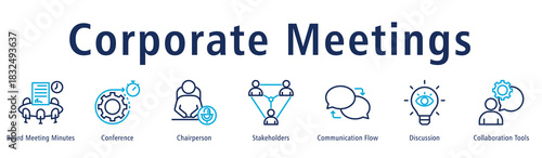 Corporate meetings web banner icon vector illustration concept with icon of board meeting minutes, chairperson, stakeholders, communication flow, discussion, conference, and collaboration tools.