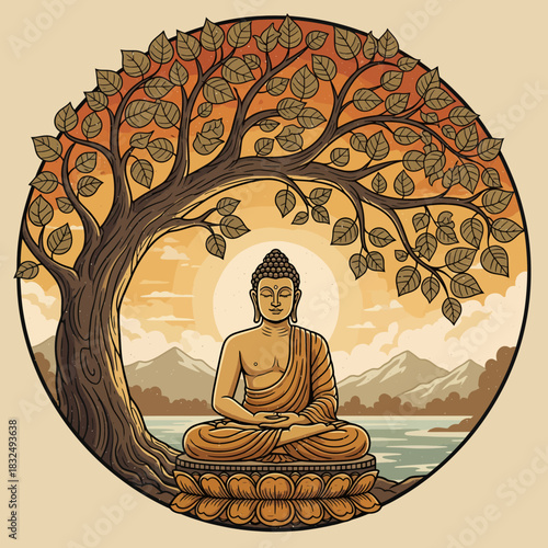 Spiritual illustration of Buddha meditating in the lotus position under the Bodhi tree at sunrise