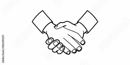Illustration of a handshake between two people with sleeves in a black and white outline drawing